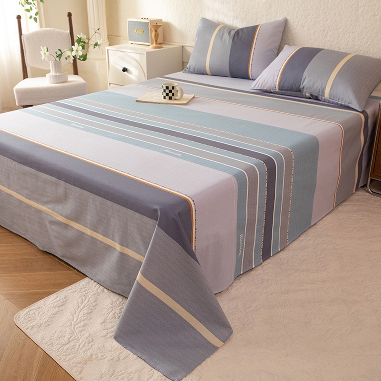 91家纺网 家纺一手货源 找家纺 八十八家纺 2026新款无印风全棉纯棉斜纹条格单床单床单单件单品床单 木思