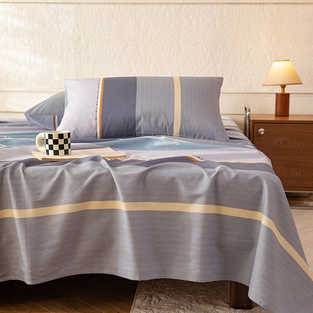 91家纺网 家纺一手货源 找家纺 八十八家纺 2026新款无印风全棉纯棉斜纹条格单床单床单单件单品床单 木思