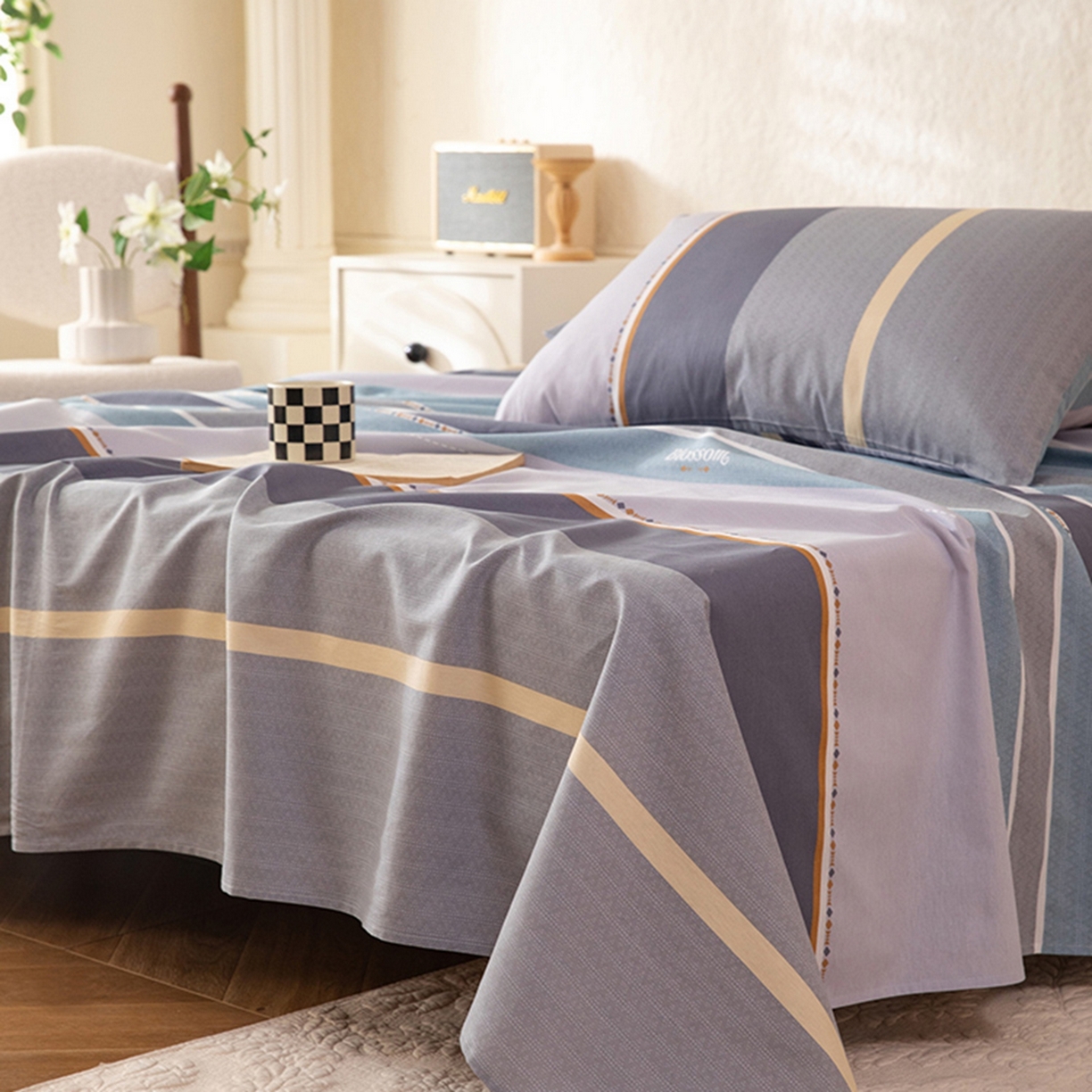 91家纺网 家纺一手货源 找家纺 八十八家纺 2026新款无印风全棉纯棉斜纹条格单床单床单单件单品床单 木思