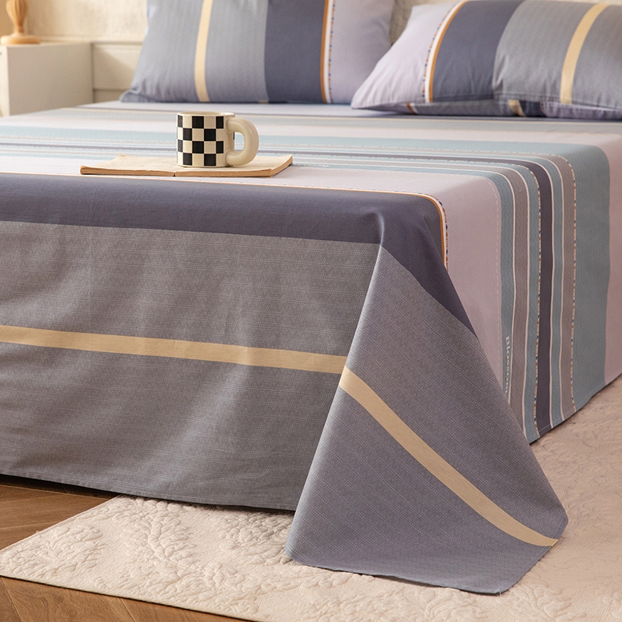 91家纺网 家纺一手货源 找家纺 八十八家纺 2026新款无印风全棉纯棉斜纹条格单床单床单单件单品床单 木思