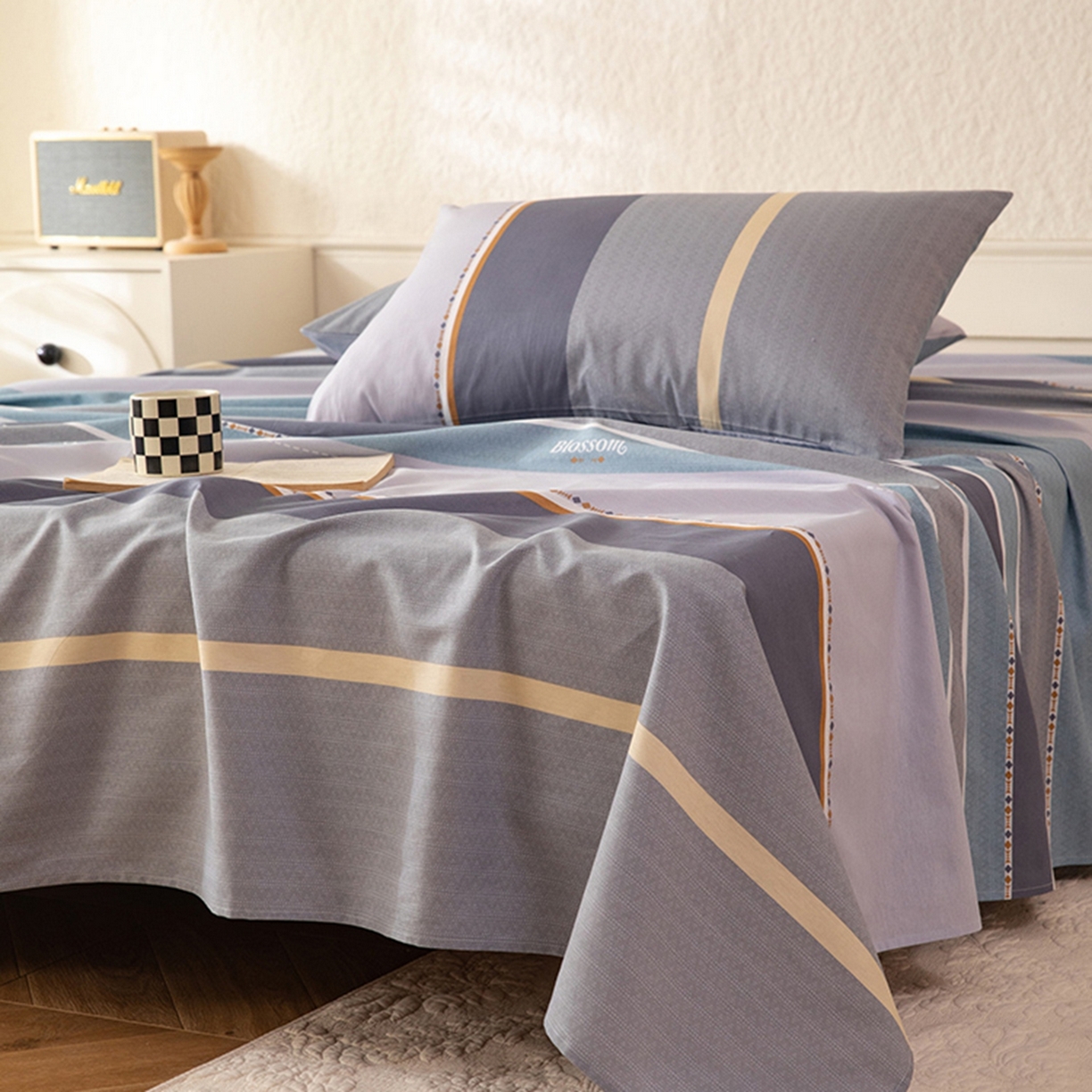 91家纺网 家纺一手货源 找家纺 八十八家纺 2026新款无印风全棉纯棉斜纹条格单床单床单单件单品床单 木思