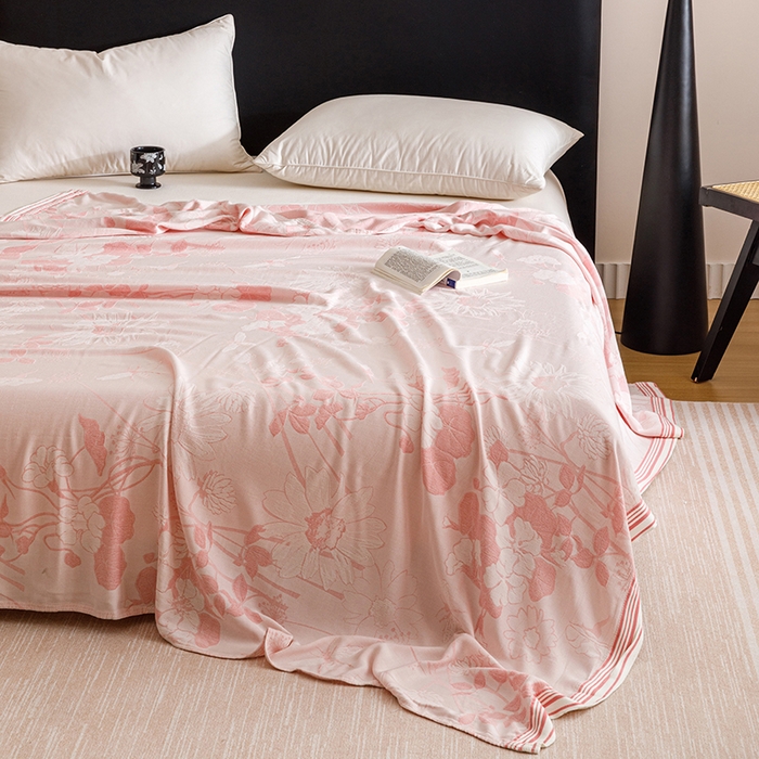 91家纺网 家纺一手货源 找家纺 朴尔家纺-毛巾被 2026新款柔滑竹纤维双层纱布冷感毯毛巾被 浅花漫-粉