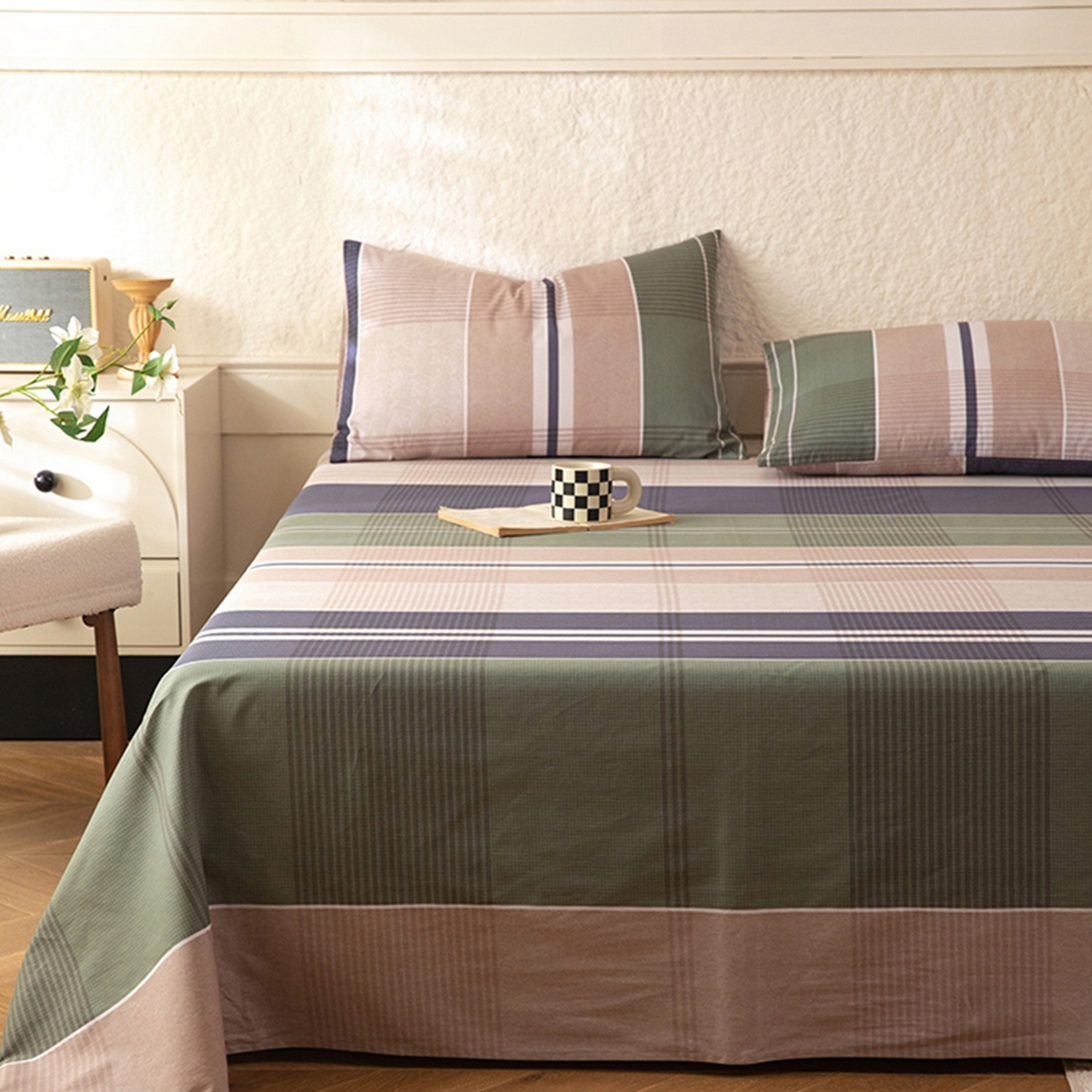 91家纺网 家纺一手货源 找家纺 八十八家纺 2026新款无印风全棉纯棉斜纹条格单床单床单单件单品床单 木夕