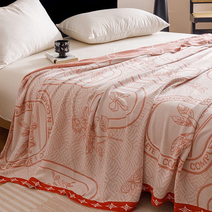 91家纺网 家纺一手货源 找家纺 朴尔家纺-毛巾被 2026新款柔滑竹纤维双层纱布冷感毯毛巾被 水纹玫瑰-橘