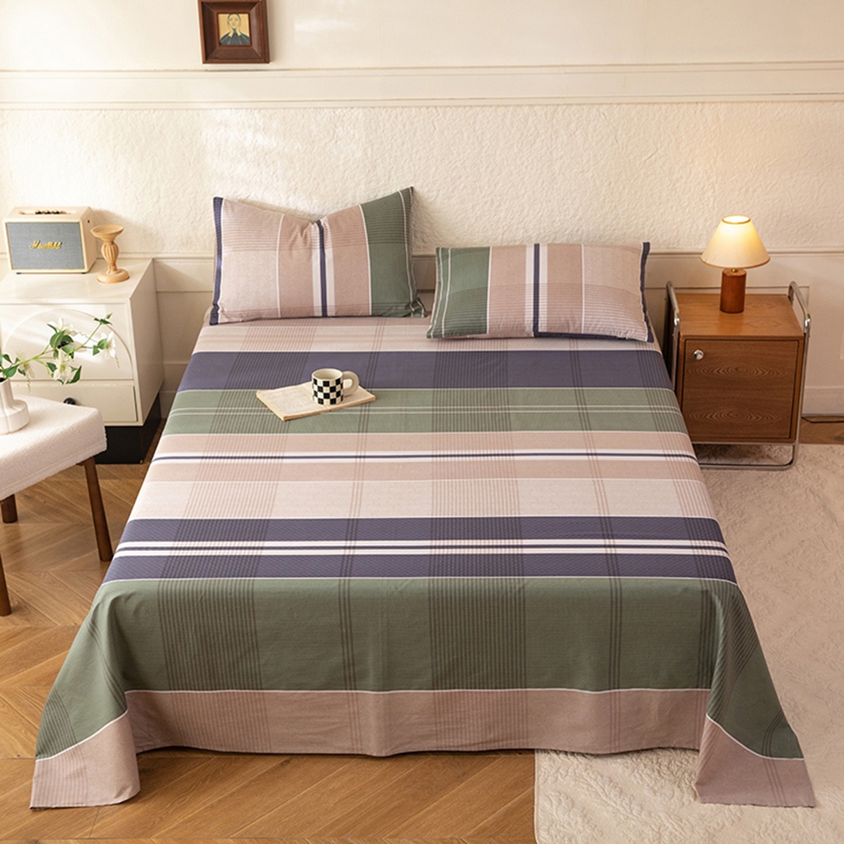 91家纺网 家纺一手货源 找家纺 八十八家纺 2026新款无印风全棉纯棉斜纹条格单床单床单单件单品床单 木夕