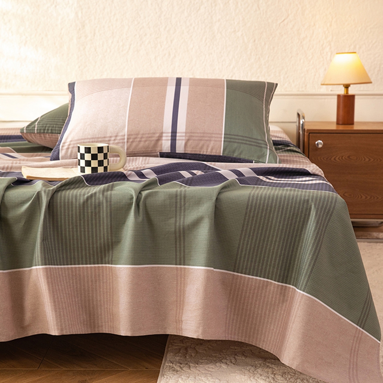 91家纺网 家纺一手货源 找家纺 八十八家纺 2026新款无印风全棉纯棉斜纹条格单床单床单单件单品床单 木夕