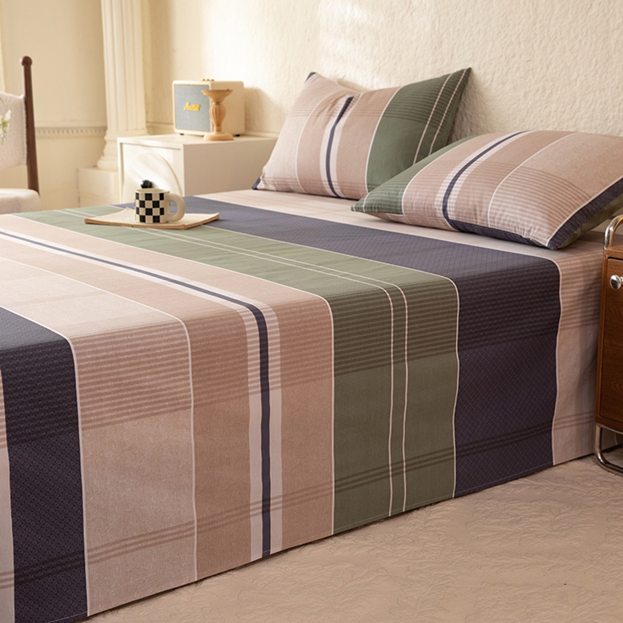 91家纺网 家纺一手货源 找家纺 八十八家纺 2026新款无印风全棉纯棉斜纹条格单床单床单单件单品床单 木夕