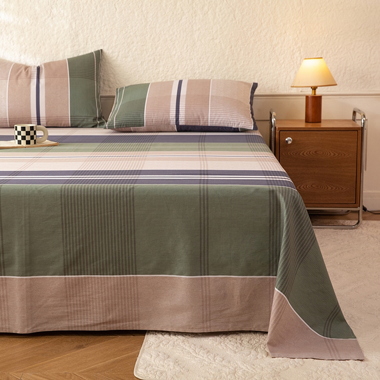 91家纺网 家纺一手货源 找家纺 八十八家纺 2026新款无印风全棉纯棉斜纹条格单床单床单单件单品床单 木夕