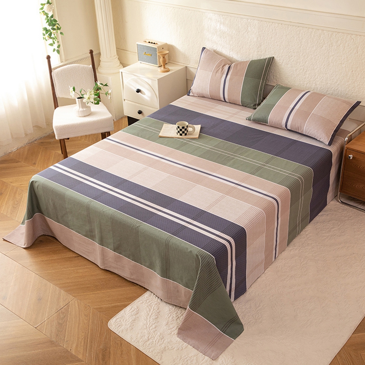 91家纺网 家纺一手货源 找家纺 八十八家纺 2026新款无印风全棉纯棉斜纹条格单床单床单单件单品床单 木夕