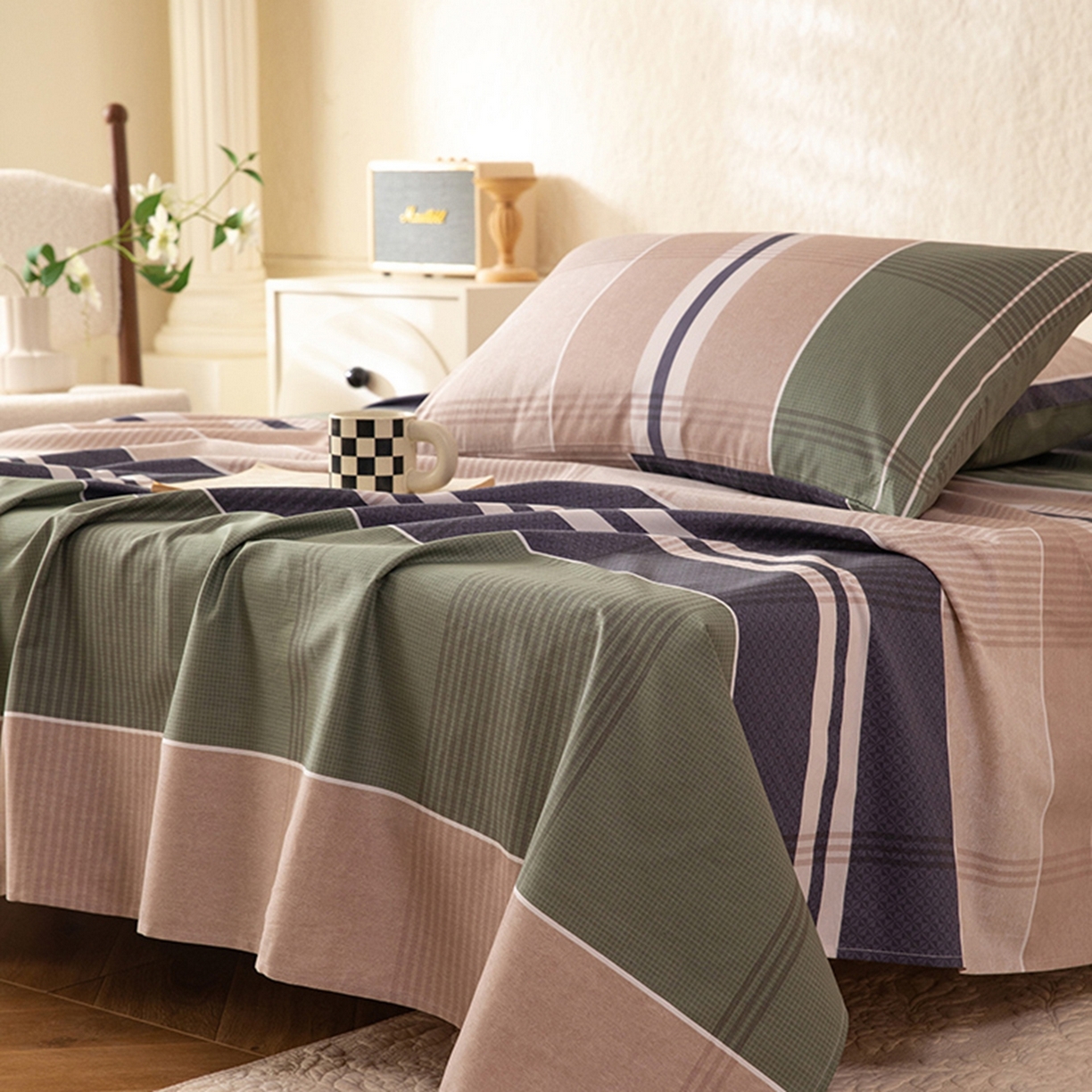 91家纺网 家纺一手货源 找家纺 八十八家纺 2026新款无印风全棉纯棉斜纹条格单床单床单单件单品床单 木夕