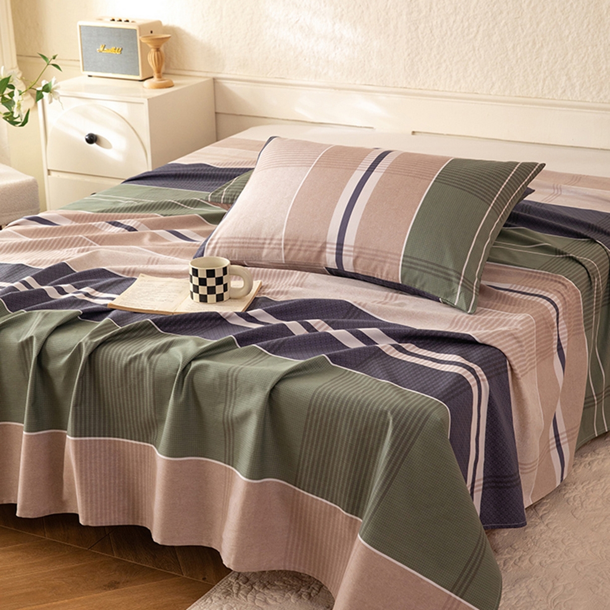 91家纺网 家纺一手货源 找家纺 八十八家纺 2026新款无印风全棉纯棉斜纹条格单床单床单单件单品床单 木夕