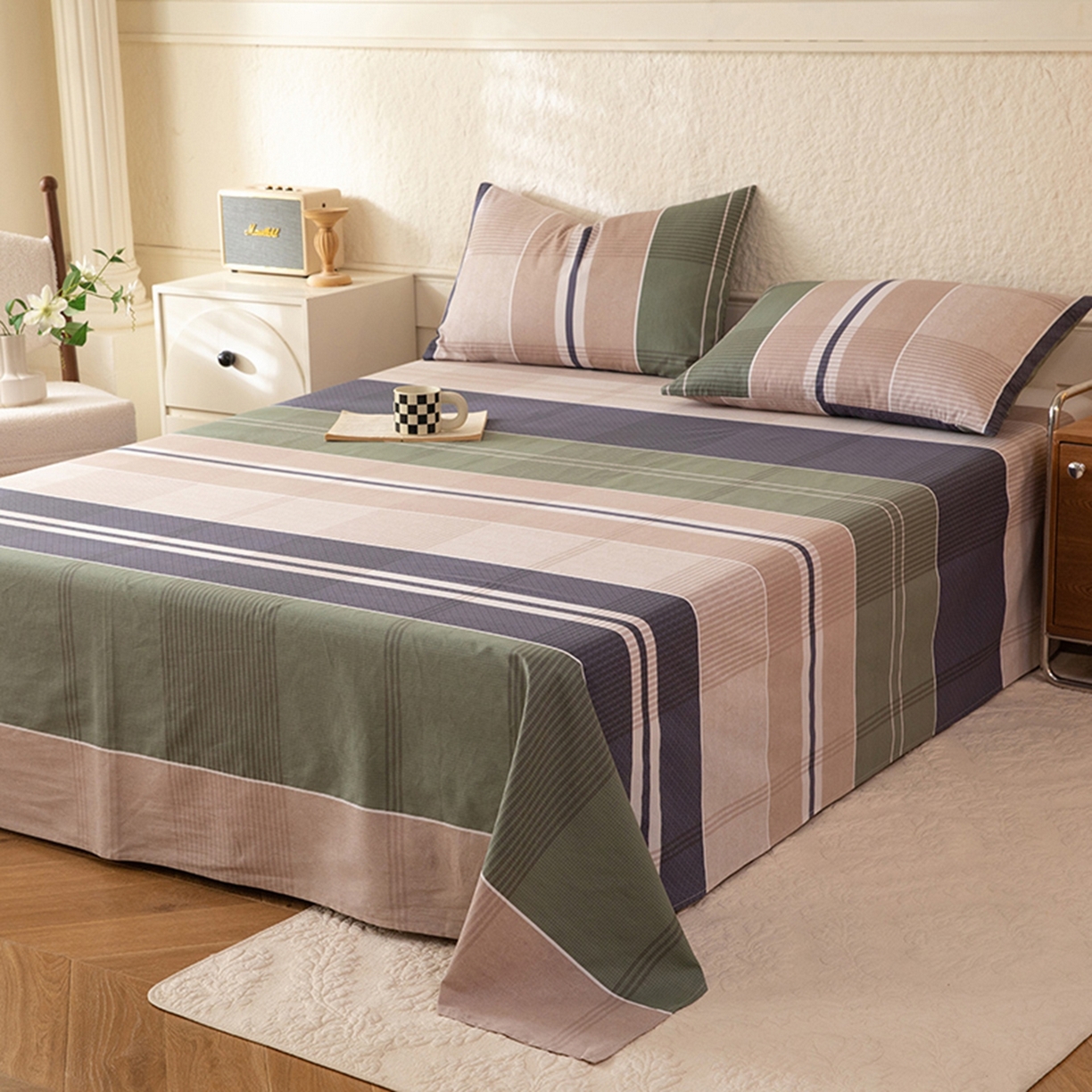 91家纺网 家纺一手货源 找家纺 八十八家纺 2026新款无印风全棉纯棉斜纹条格单床单床单单件单品床单 木夕