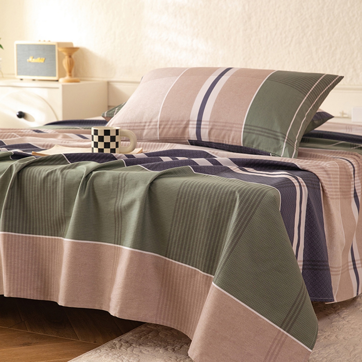 91家纺网 家纺一手货源 找家纺 八十八家纺 2026新款无印风全棉纯棉斜纹条格单床单床单单件单品床单 木夕