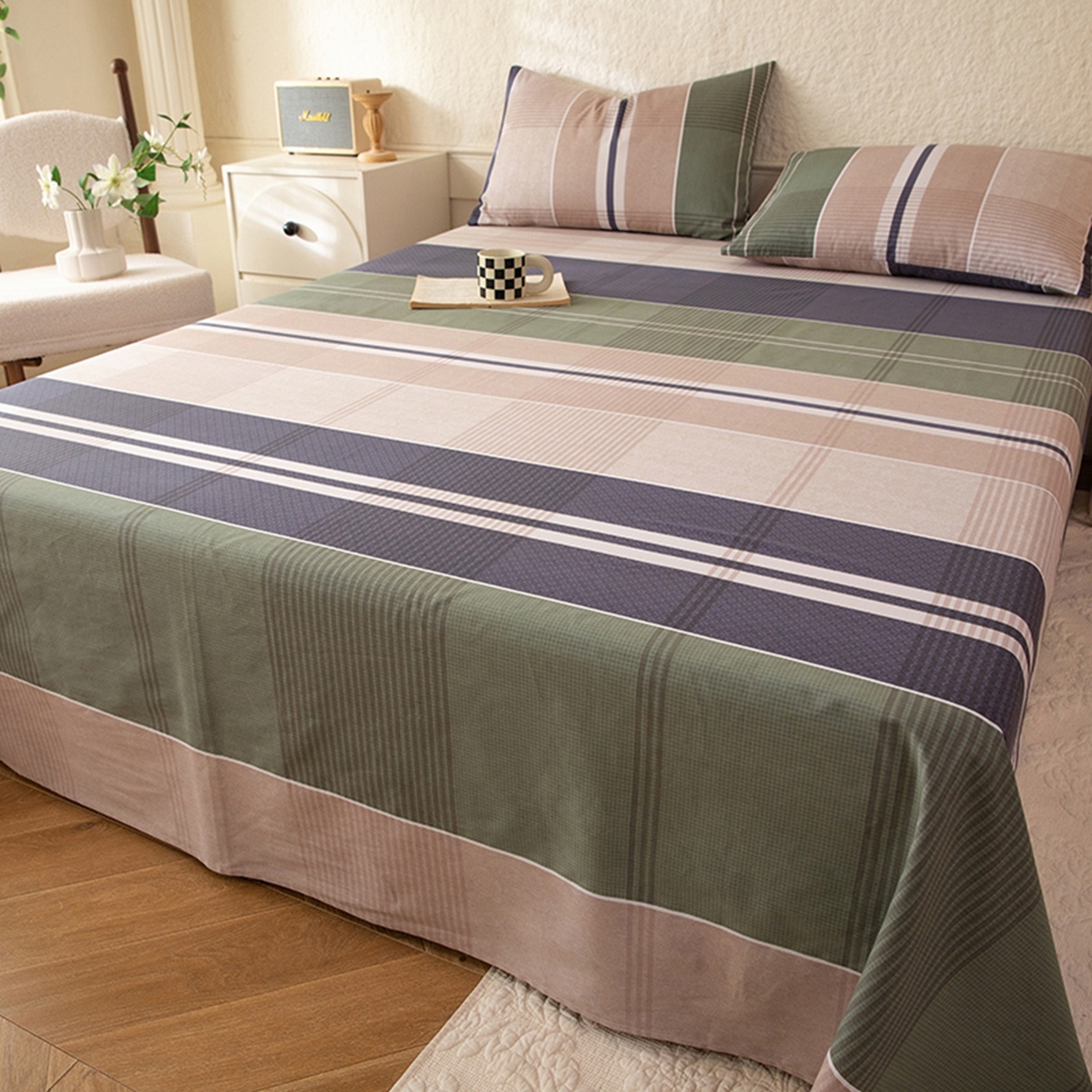 91家纺网 家纺一手货源 找家纺 八十八家纺 2026新款无印风全棉纯棉斜纹条格单床单床单单件单品床单 木夕