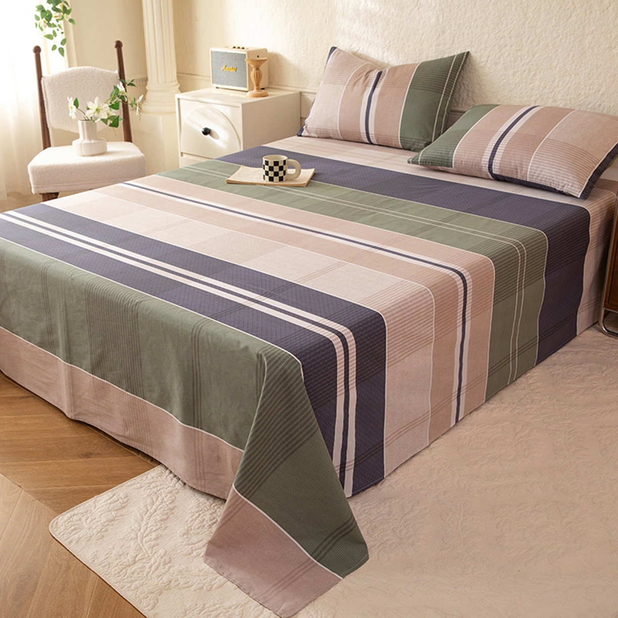 91家纺网 家纺一手货源 找家纺 八十八家纺 2026新款无印风全棉纯棉斜纹条格单床单床单单件单品床单 木夕