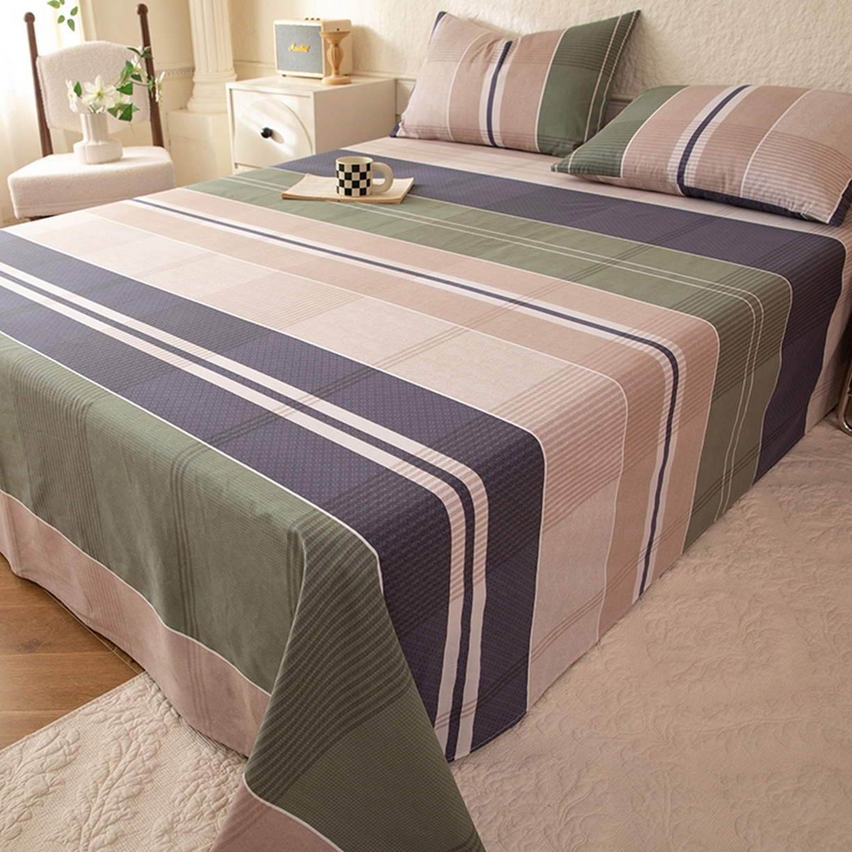 91家纺网 家纺一手货源 找家纺 八十八家纺 2026新款无印风全棉纯棉斜纹条格单床单床单单件单品床单 木夕