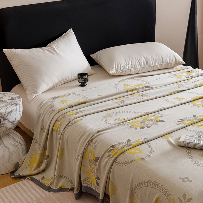 91家纺网 家纺一手货源 找家纺 朴尔家纺-毛巾被 2026新款柔滑竹纤维双层纱布冷感毯毛巾被 若花镜-黄