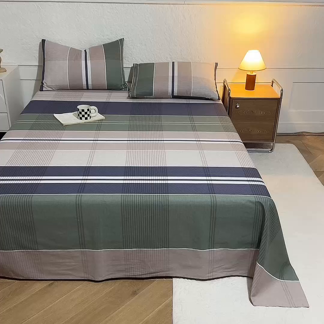 91家纺网 家纺一手货源 找家纺 八十八家纺 2026新款无印风全棉纯棉斜纹条格单床单床单单件单品床单 木夕