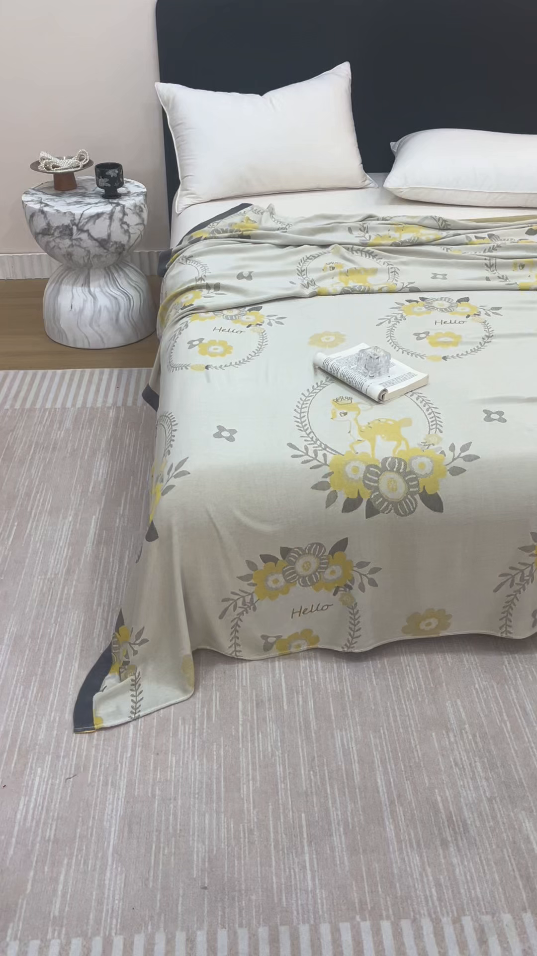 91家纺网 家纺一手货源 找家纺 朴尔家纺-毛巾被 2026新款柔滑竹纤维双层纱布冷感毯毛巾被 若花镜-黄