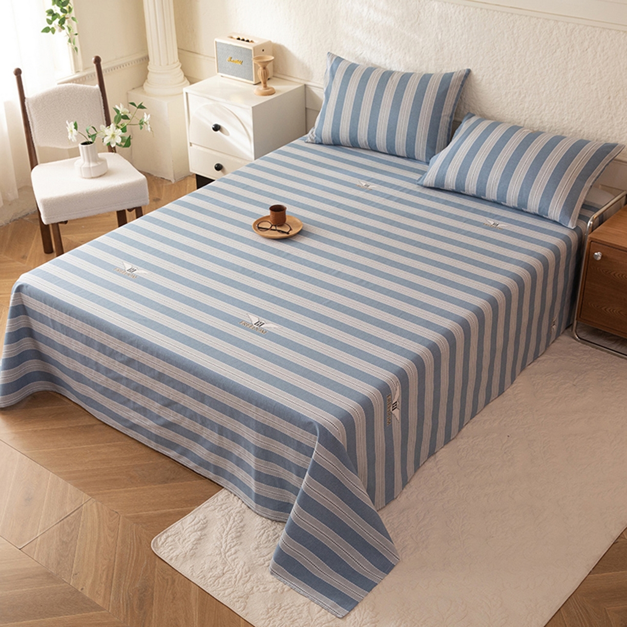 91家纺网 家纺一手货源 找家纺 八十八家纺 2026新款无印风全棉纯棉斜纹条格单床单床单单件单品床单 木夏