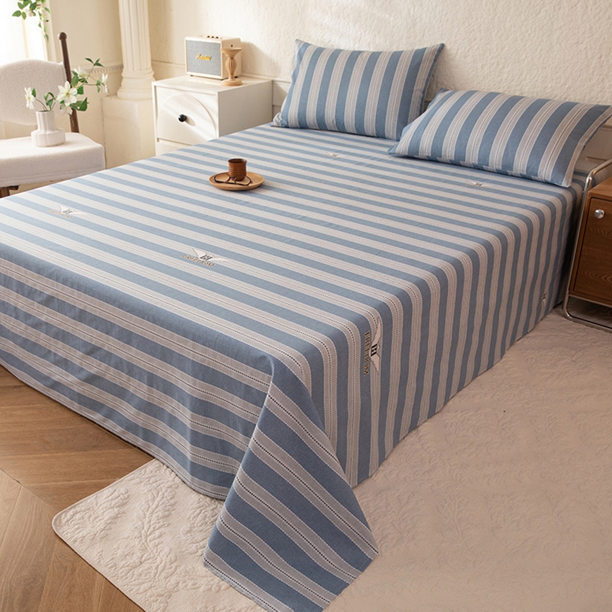 91家纺网 家纺一手货源 找家纺 八十八家纺 2026新款无印风全棉纯棉斜纹条格单床单床单单件单品床单 木夏