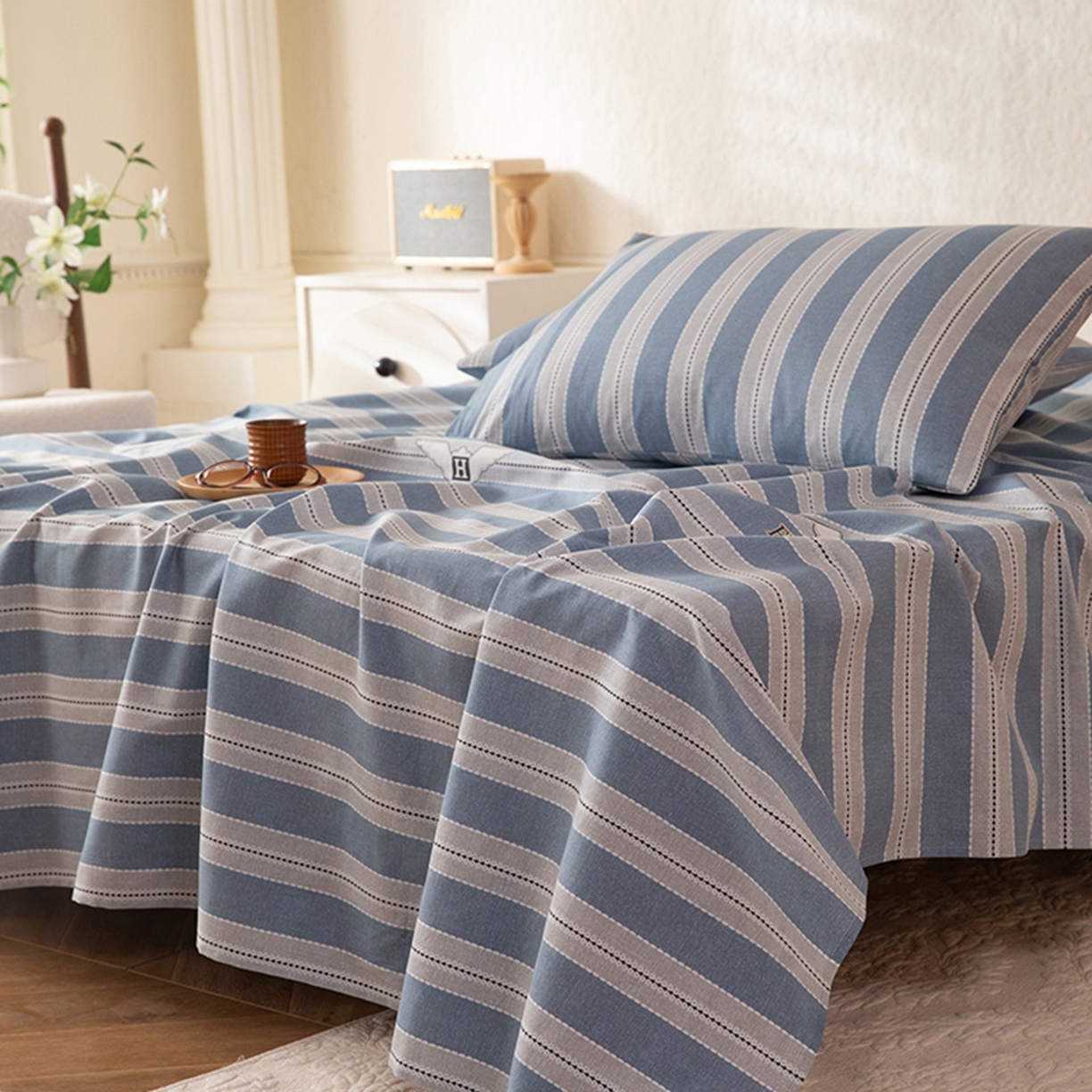 91家纺网 家纺一手货源 找家纺 八十八家纺 2026新款无印风全棉纯棉斜纹条格单床单床单单件单品床单 木夏