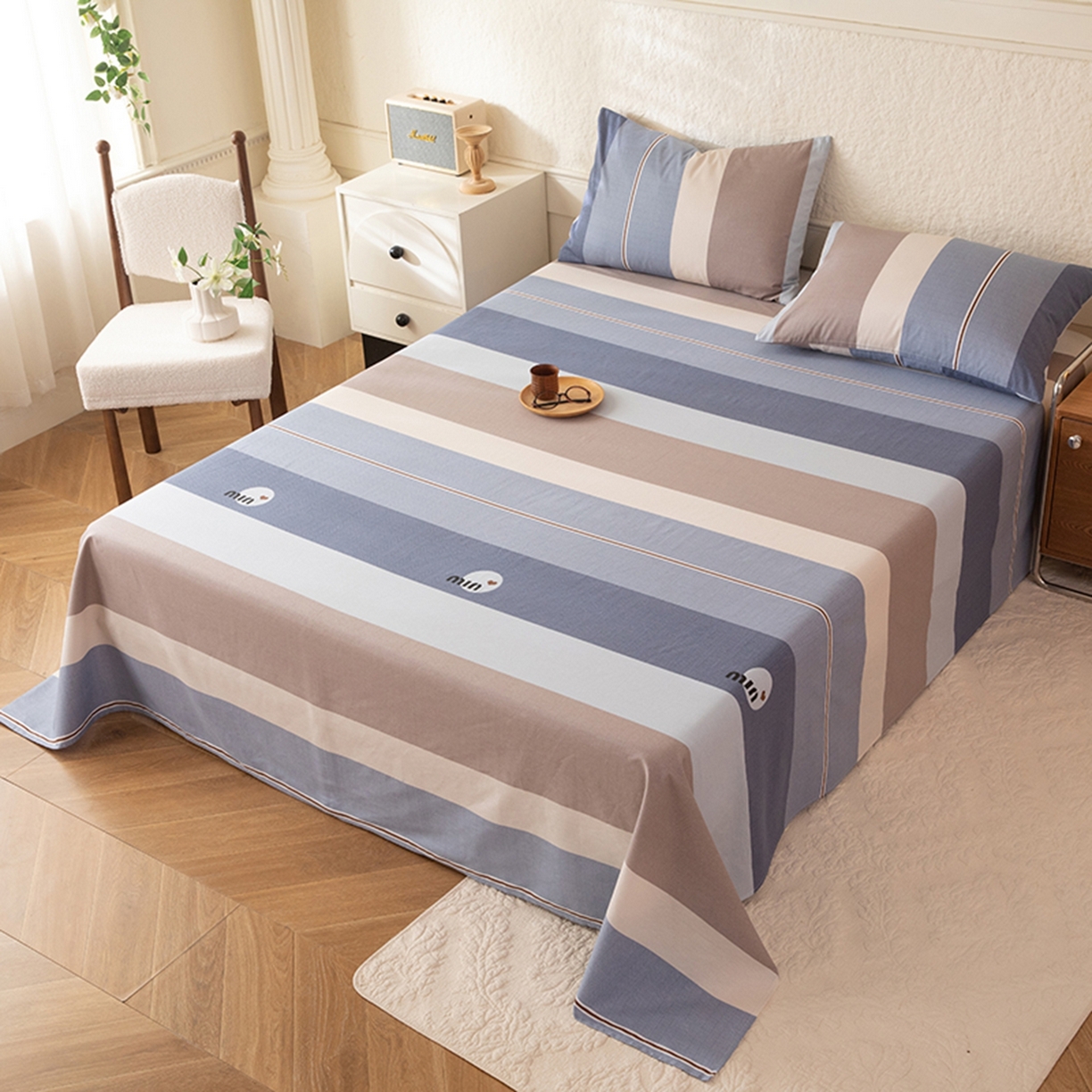 91家纺网 家纺一手货源 找家纺 八十八家纺 2026新款无印风全棉纯棉斜纹条格单床单床单单件单品床单 木央