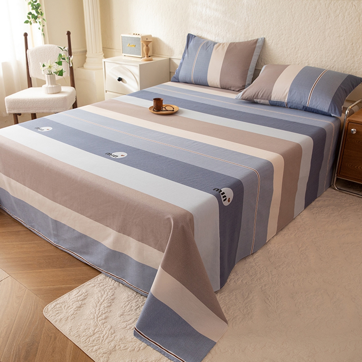 91家纺网 家纺一手货源 找家纺 八十八家纺 2026新款无印风全棉纯棉斜纹条格单床单床单单件单品床单 木央