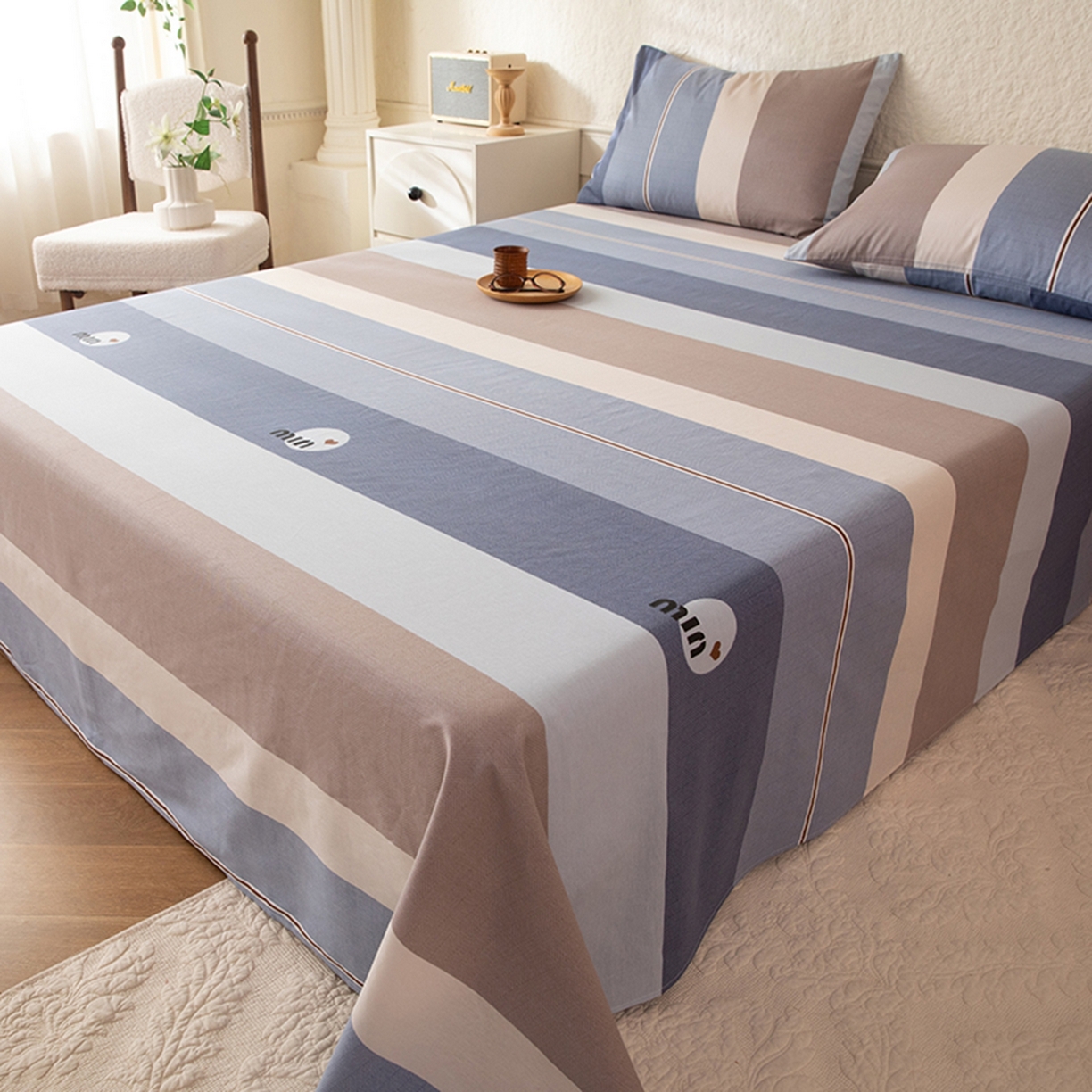 91家纺网 家纺一手货源 找家纺 八十八家纺 2026新款无印风全棉纯棉斜纹条格单床单床单单件单品床单 木央