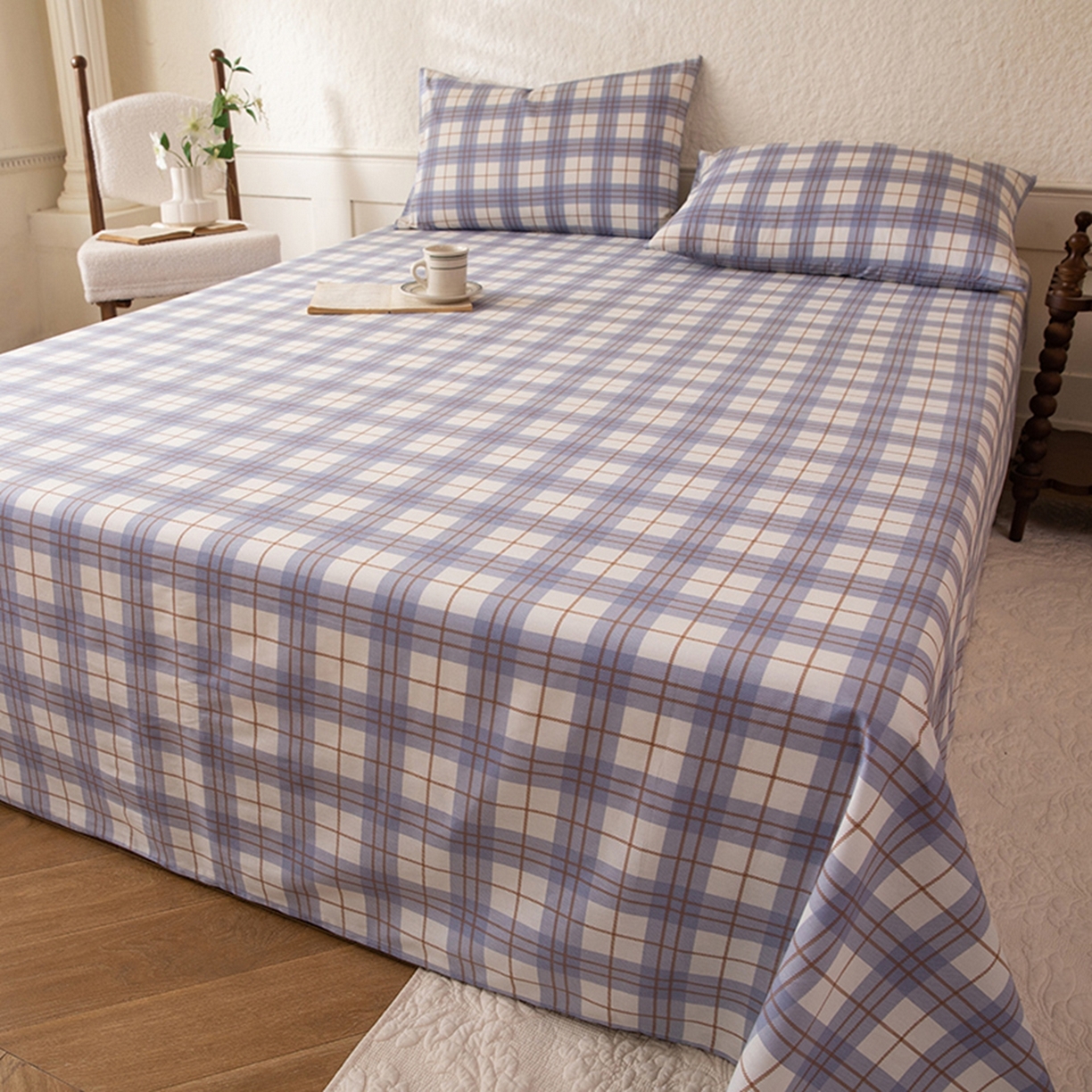 八十八家纺 2026新款无印风全棉纯棉斜纹条格单床单床单单件单品床单 青岚