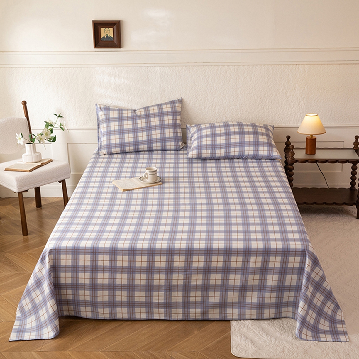 91家纺网 家纺一手货源 找家纺 八十八家纺 2026新款无印风全棉纯棉斜纹条格单床单床单单件单品床单 青岚