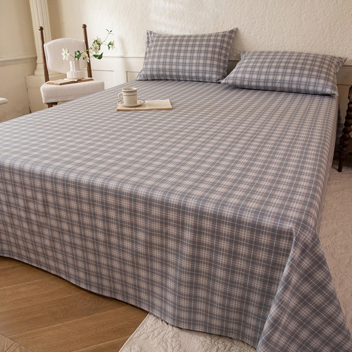 八十八家纺 2026新款无印风全棉纯棉斜纹条格单床单床单单件单品床单 青曼