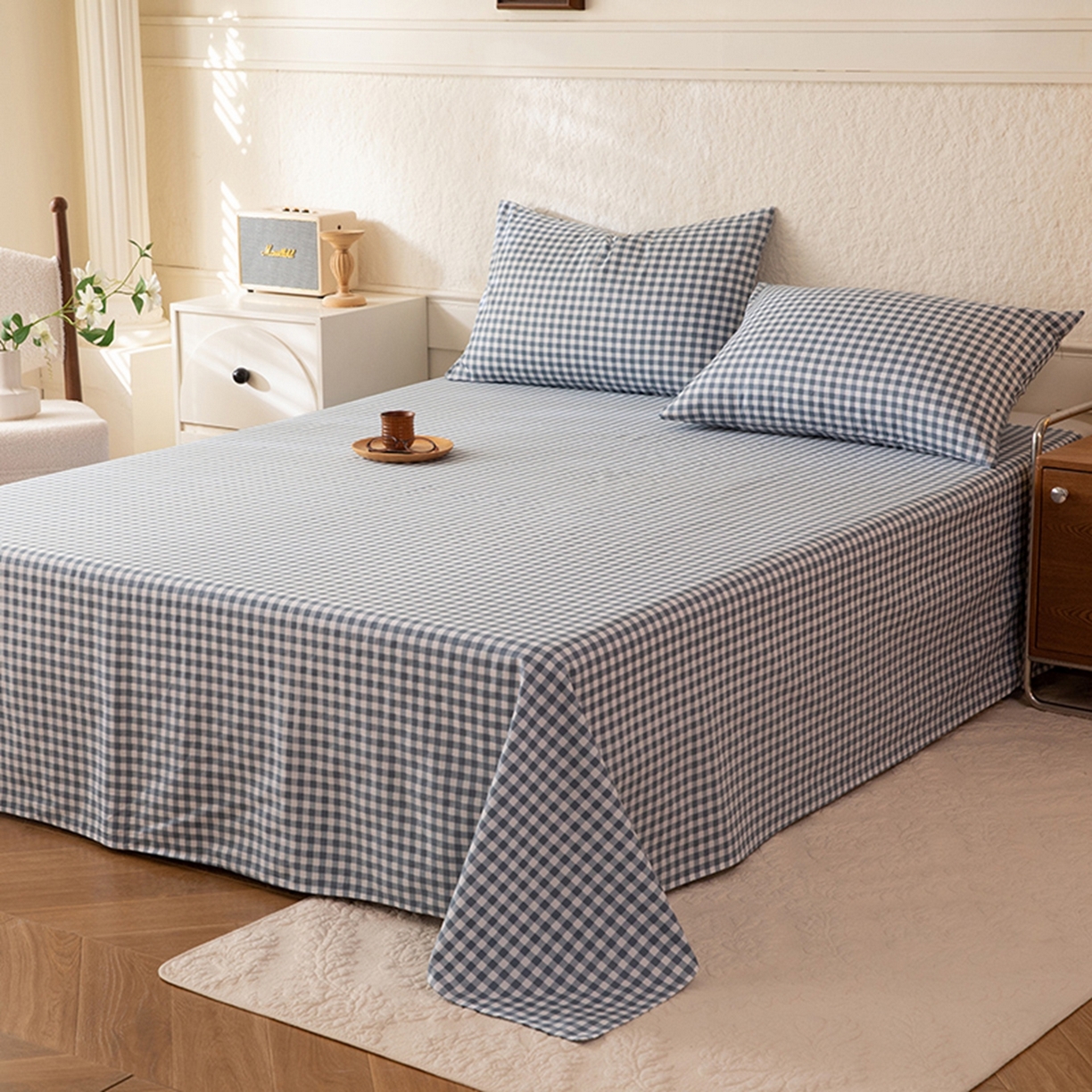 91家纺网 家纺一手货源 找家纺 八十八家纺 2026新款无印风全棉纯棉斜纹条格单床单床单单件单品床单 青田