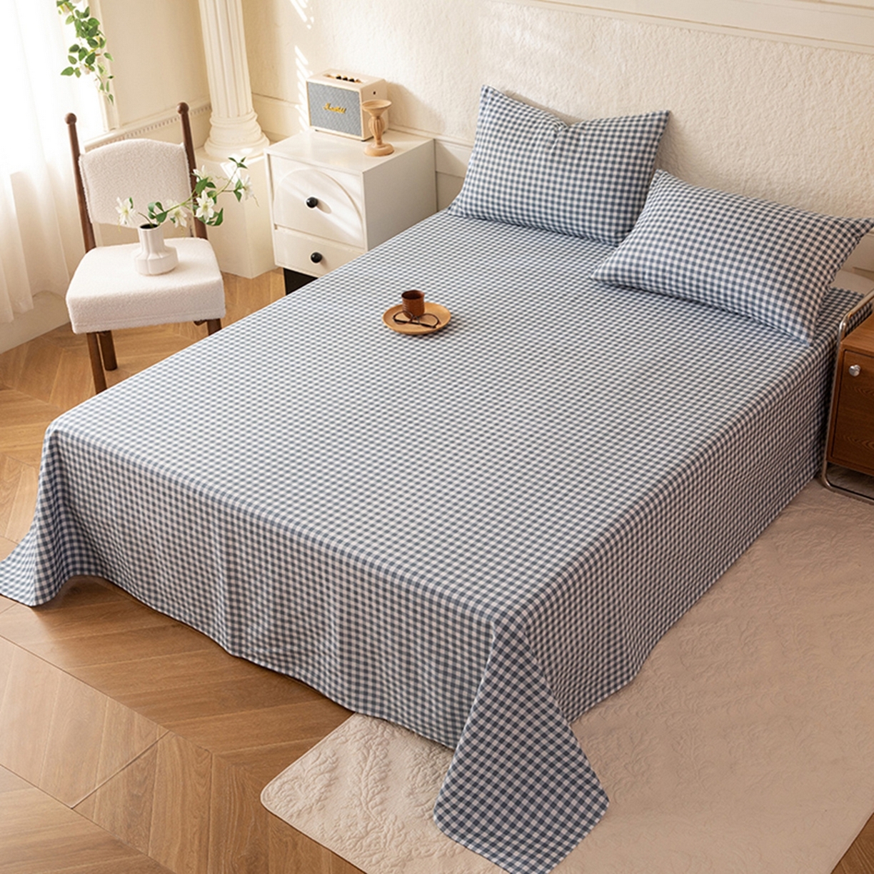 91家纺网 家纺一手货源 找家纺 八十八家纺 2026新款无印风全棉纯棉斜纹条格单床单床单单件单品床单 青田