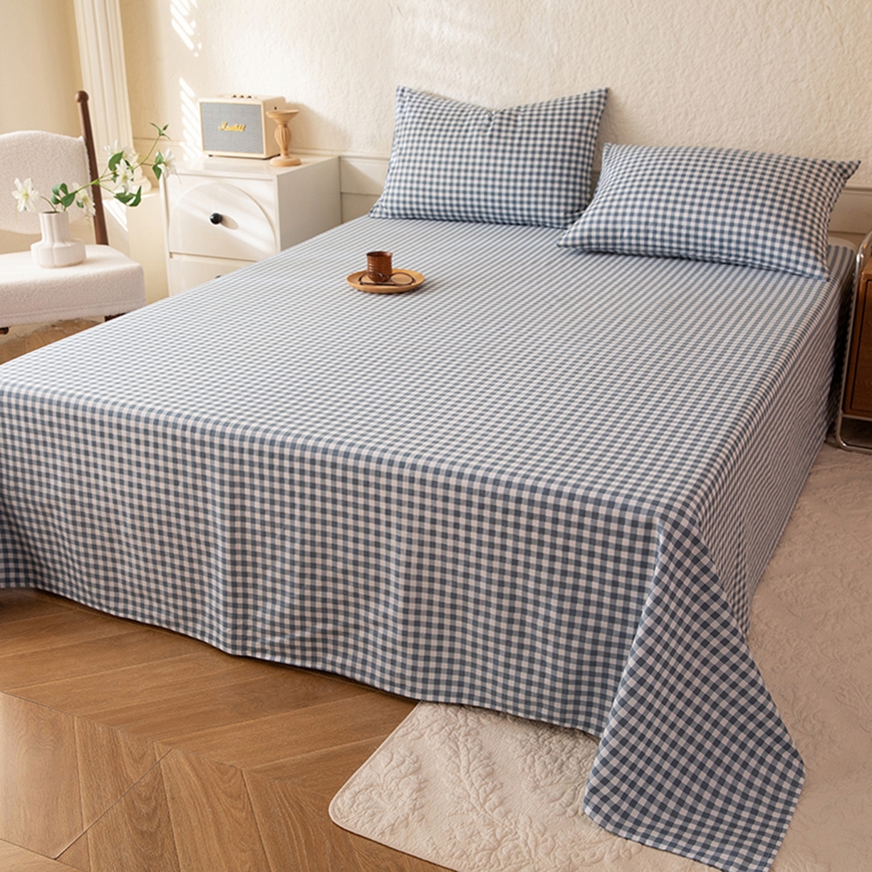 91家纺网 家纺一手货源 找家纺 八十八家纺 2026新款无印风全棉纯棉斜纹条格单床单床单单件单品床单 青田