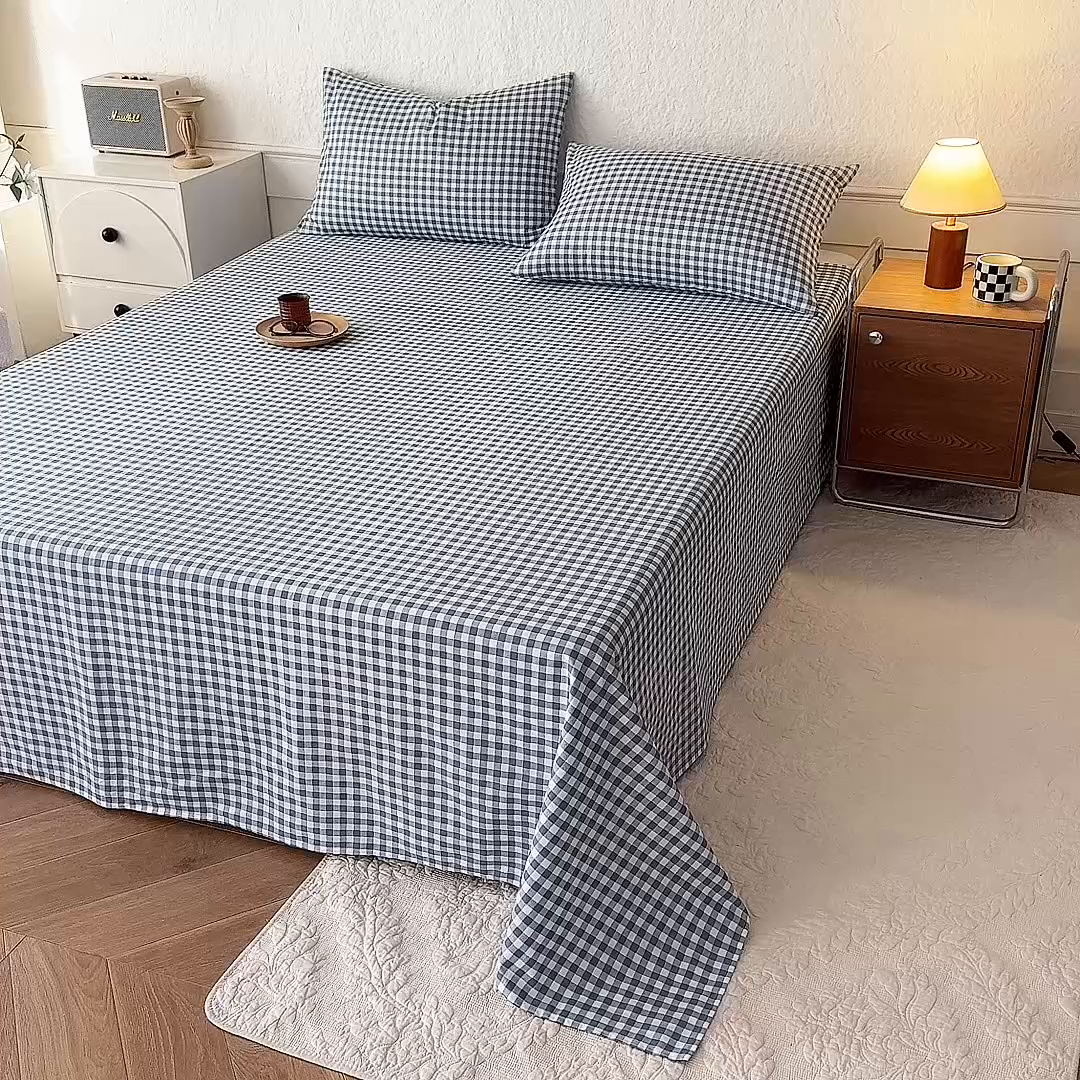 91家纺网 家纺一手货源 找家纺 八十八家纺 2026新款无印风全棉纯棉斜纹条格单床单床单单件单品床单 青田