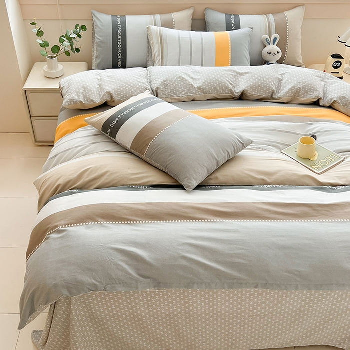 91家纺网 家纺一手货源 找家纺 爱诗诺家纺 2026新款100%全棉纯棉印花四件套【送货上门.多少都可以送】 安逸时光灰