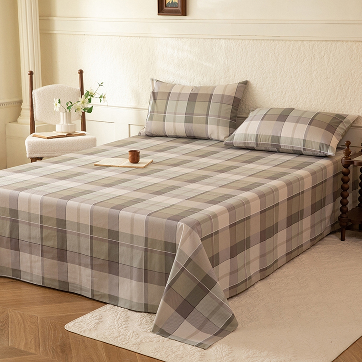 91家纺网 家纺一手货源 找家纺 八十八家纺 2026新款无印风全棉纯棉斜纹条格单床单床单单件单品床单 山茶