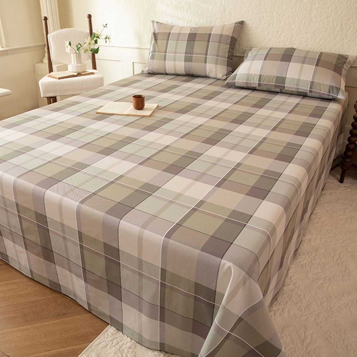 91家纺网 家纺一手货源 找家纺 八十八家纺 2026新款无印风全棉纯棉斜纹条格单床单床单单件单品床单 山茶