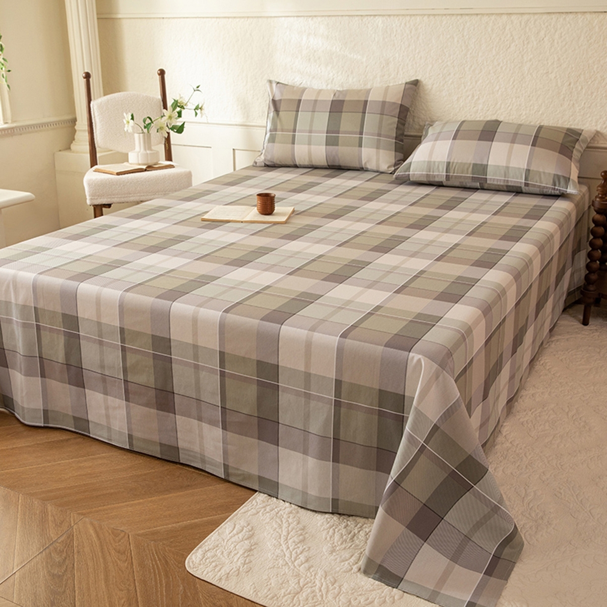 91家纺网 家纺一手货源 找家纺 八十八家纺 2026新款无印风全棉纯棉斜纹条格单床单床单单件单品床单 山茶