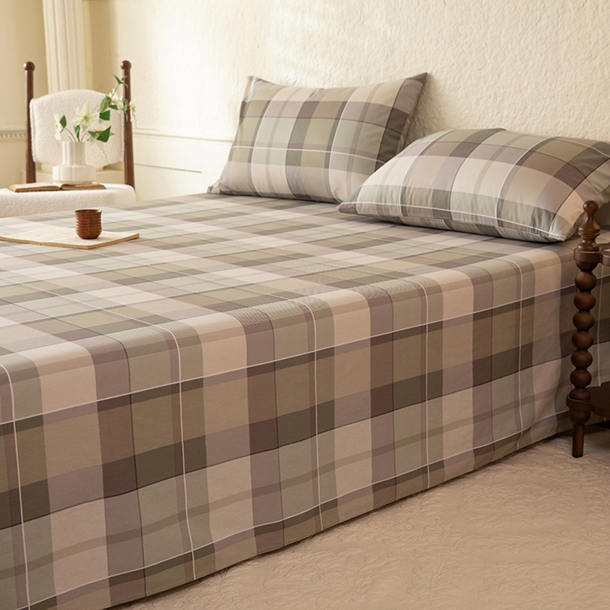 91家纺网 家纺一手货源 找家纺 八十八家纺 2026新款无印风全棉纯棉斜纹条格单床单床单单件单品床单 山茶