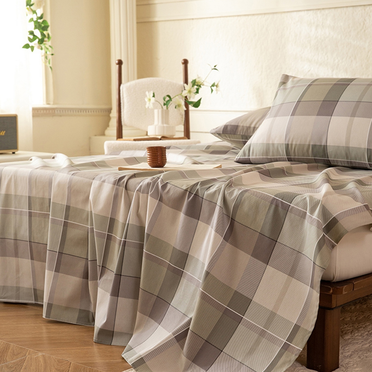 91家纺网 家纺一手货源 找家纺 八十八家纺 2026新款无印风全棉纯棉斜纹条格单床单床单单件单品床单 山茶