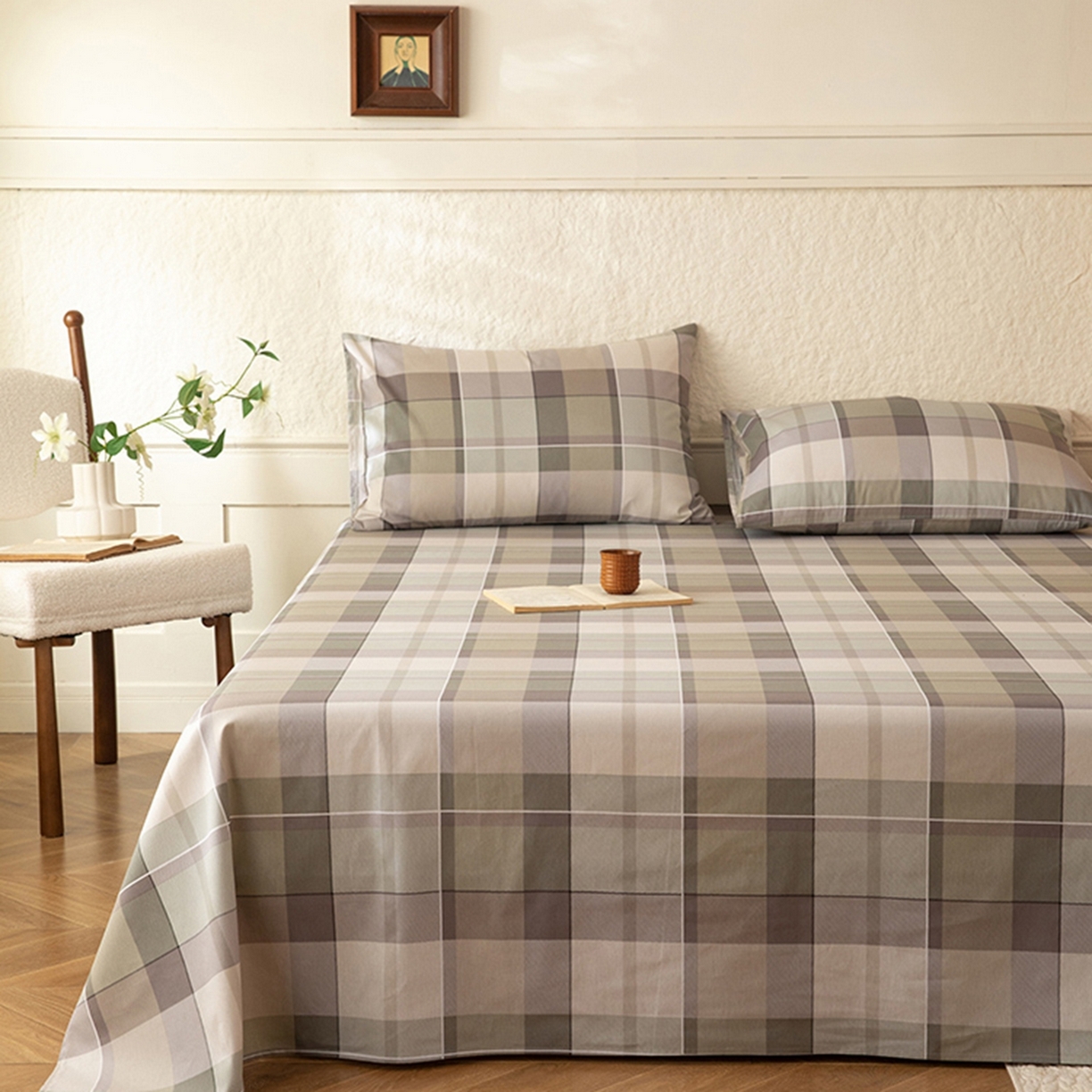 91家纺网 家纺一手货源 找家纺 八十八家纺 2026新款无印风全棉纯棉斜纹条格单床单床单单件单品床单 山茶