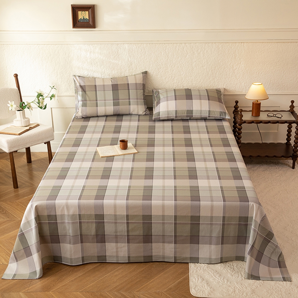 91家纺网 家纺一手货源 找家纺 八十八家纺 2026新款无印风全棉纯棉斜纹条格单床单床单单件单品床单 山茶