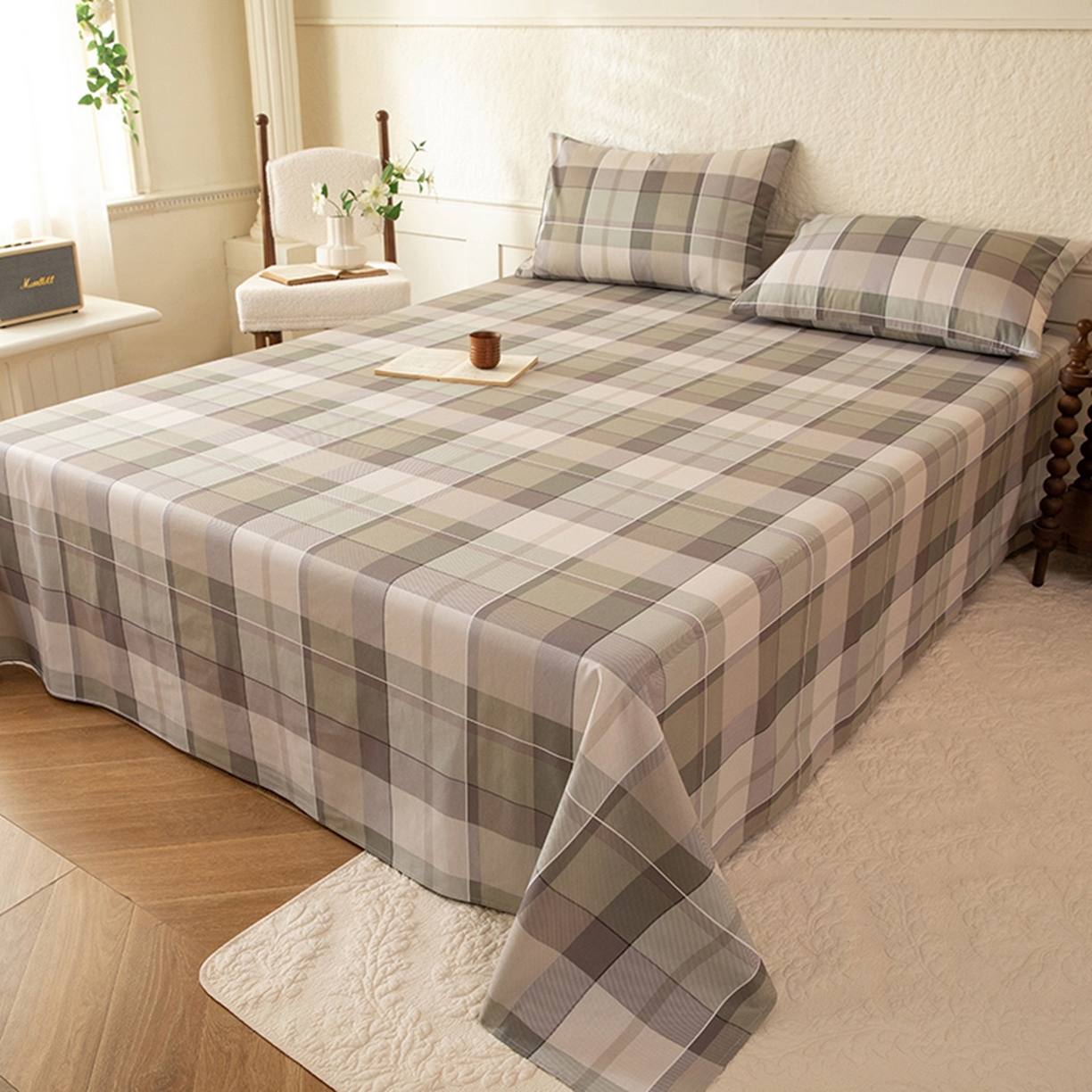 91家纺网 家纺一手货源 找家纺 八十八家纺 2026新款无印风全棉纯棉斜纹条格单床单床单单件单品床单 山茶