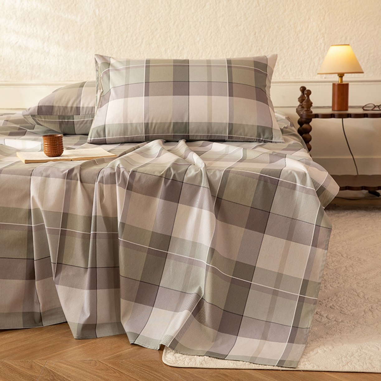 91家纺网 家纺一手货源 找家纺 八十八家纺 2026新款无印风全棉纯棉斜纹条格单床单床单单件单品床单 山茶