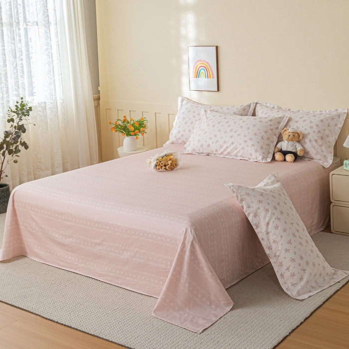 91家纺网 家纺一手货源 找家纺 爱诗诺家纺 2026新款100%全棉纯棉印花四件套【送货上门.多少都可以送】 点点曼莎-粉