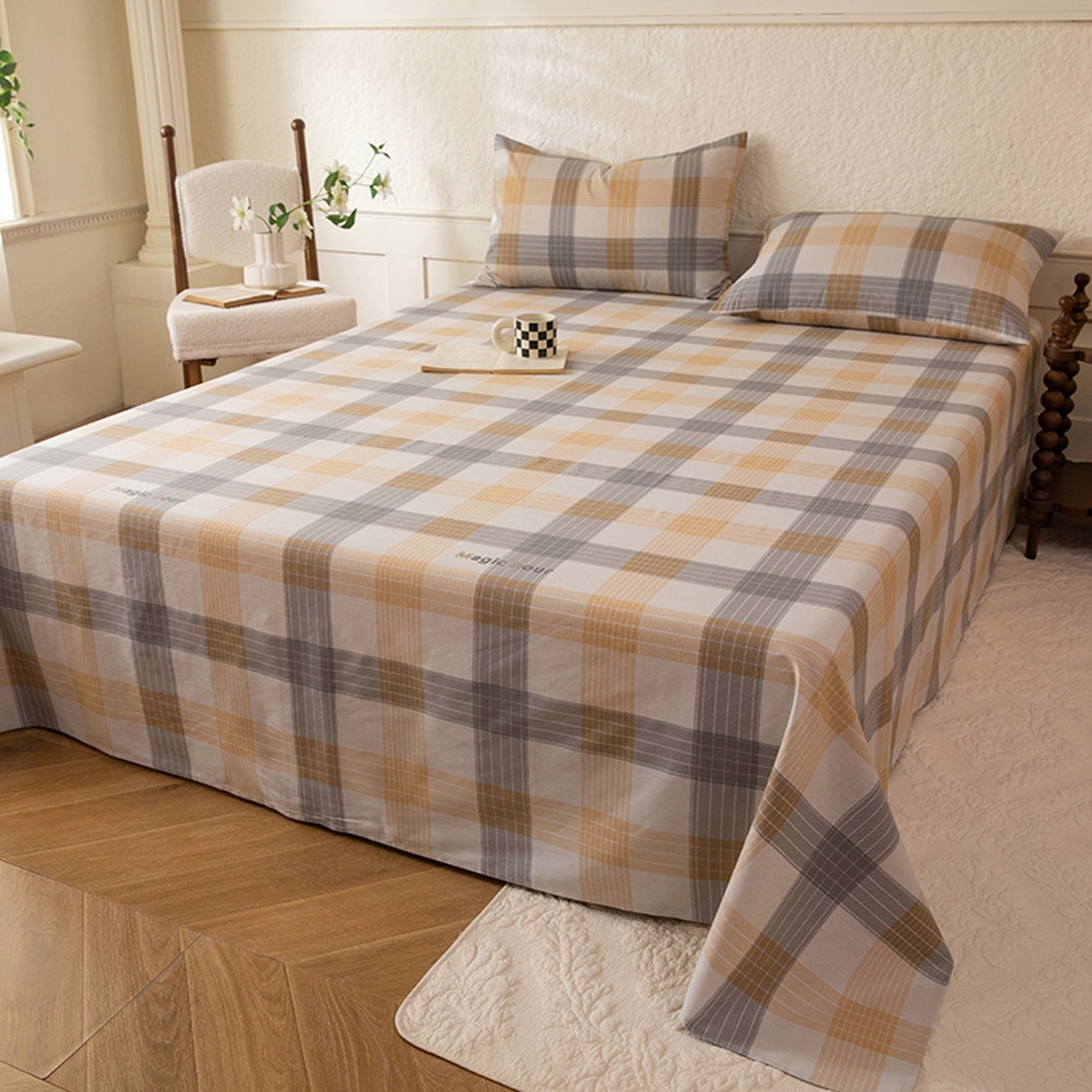 八十八家纺 2026新款无印风全棉纯棉斜纹条格单床单床单单件单品床单 山川