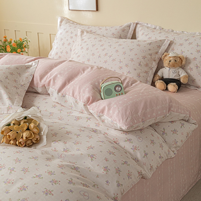 91家纺网 家纺一手货源 找家纺 爱诗诺家纺 2026新款100%全棉纯棉印花四件套【送货上门.多少都可以送】 点点曼莎-粉