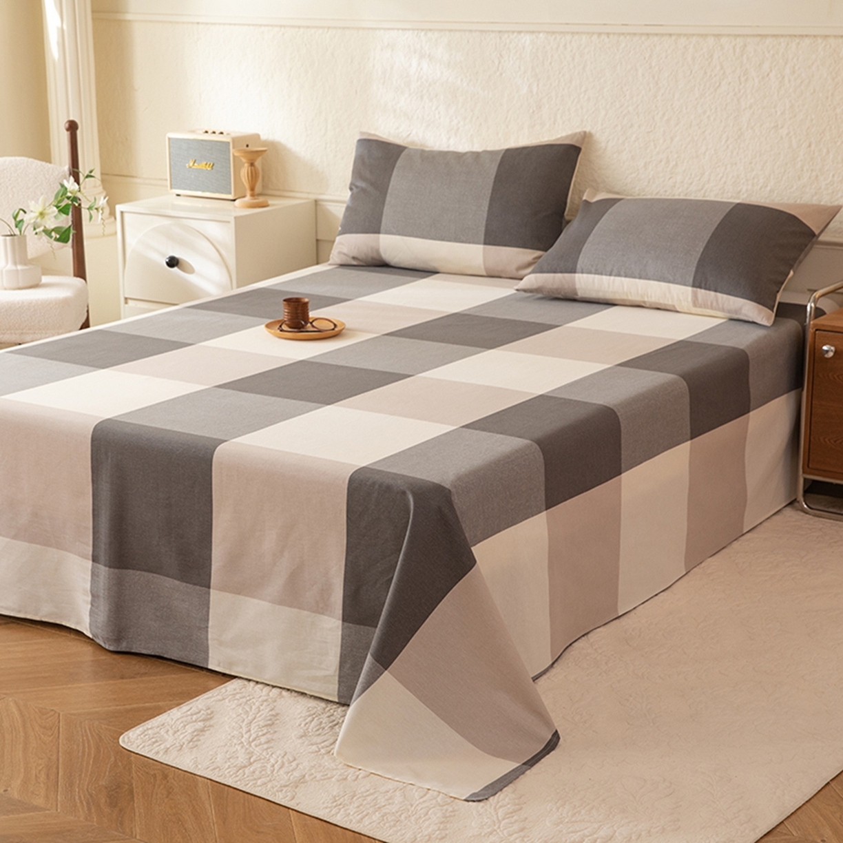 91家纺网 家纺一手货源 找家纺 八十八家纺 2026新款无印风全棉纯棉斜纹条格单床单床单单件单品床单 山海